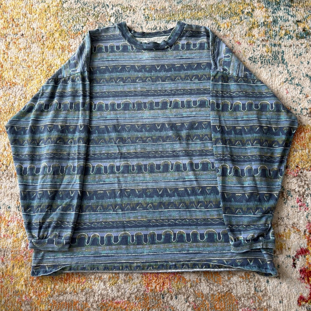 Vintage 90s Surf Frank All Over Aztec Tribal Print Long Sleeve Shirt Mens XL